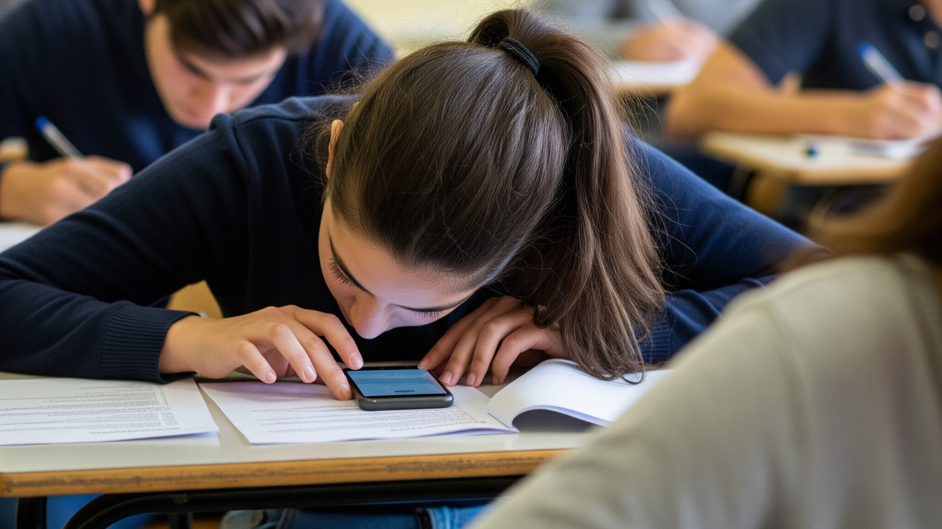 студентка дивиться в телефон